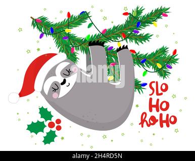 SLO Ho Ho ho - lustiges Faultier, das auf einer Girlande hängt. Faultier-Doodle zum Drucken zeichnen. Entzückendes Poster für Weihnachtsfeier, gut für T-Shirts, Geschenke, Tassen oder andere PR Stock Vektor