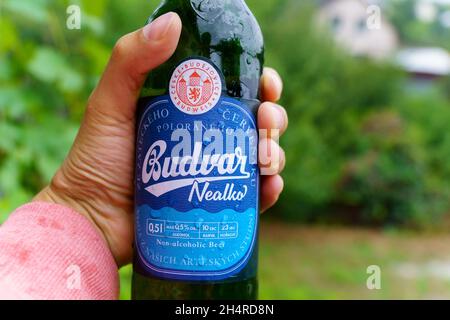 Volzhsky, Russland-25. September 2021: Budvar nealko alkoholfrei, eines der meistverkauften Biere in der Tschechischen Republik Stockfoto