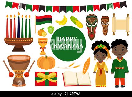 Kwanzaa-Symbole gesetzt. Afroamerikanische Holiday Festival Kollektion Clip Art Handzeichnung Stil mit Kinara, Tribal Masken, Trommel. Vektorgrafik Stock Vektor
