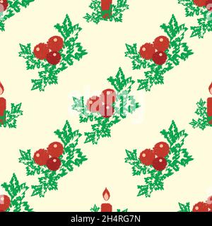Weihnachtsferien Kerzen, Beeren, Stechpalme nahtlose Vektor-Muster. Festlicher Hintergrund mit traditionellen Motiven im Scribble-Zeichnungsstil. Rot, grün Stock Vektor