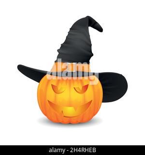 Vektor Hochglanz Cartoon Halloween Pumpkin Laterne mit lustigen Gesicht und Hexenhut-Symbol Nahaufnahme isoliert auf Weiß. Vorderansicht. Design Vorlage von realistisch Stock Vektor