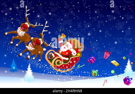 Der Weihnachtsmann auf einem Schlitten, der von Rentieren gezogen wird, fliegt über den Himmel und streut Geschenke. Weihnachtsmann mit Geschenken auf einem Schlitten am Heiligabend. Stock Vektor