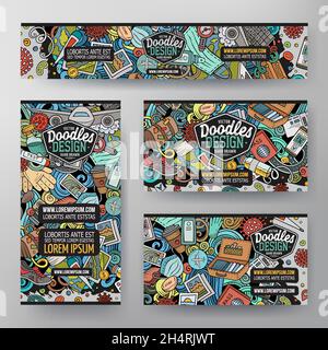 Cartoon-Vektor-Doodle-Satz von Travelling Corporate Identity-Vorlagen. Bunte lustige Banner, ausweise, Flayer für den Einsatz auf Branding, Einladungen, ca. Stock Vektor