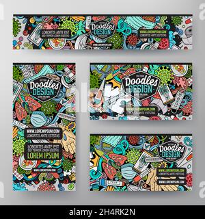 Cartoon-Vektor-Doodle-Satz von Coronavirus Corporate Identity-Vorlagen. Bunte lustige Banner, id-Karten, Flayer für die Verwendung auf Branding, Einladungen, Stock Vektor