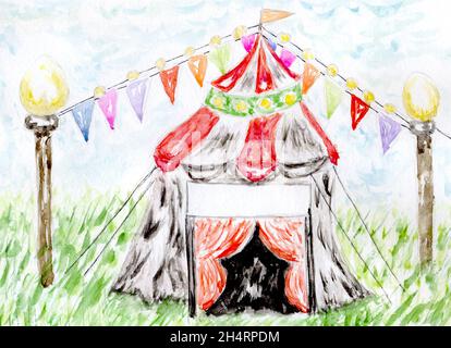 Handgezeichnete Cartoon Zirkus Zelt abstrakte Aquarell Illustration. Stockfoto