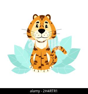 Chinesischer Tiger. Niedlicher Tiger in der Natur. Vektorzeichen im flachen Stil Stock Vektor