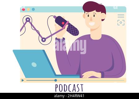 Junger erwachsener Mann, der Podcast aufzeichnet, Live-Streaming im Internet-Fenster, Illustration in flachem Stil, isoliert auf weißem Hintergrund. Stock Vektor