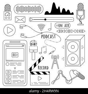 Podcast- und Audio-Icon-Set in flachem Stil, isoliert auf weißem Hintergrund. Mikrofon-, Aufnahme-, Musik-Wave-Line-Symbolsammlung. Stock Vektor