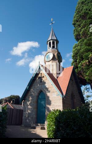 Uhrturm und Bäume und Hecken in Cragside, Rothbury, Northumberland, England, Großbritannien, Vereinigtes Königreich Stockfoto