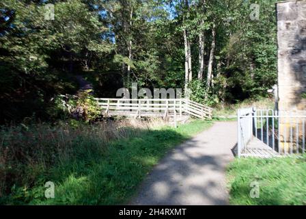 Stream, Fußgängerbrücke in der Nähe des Pumpwerks in Cragside, Rothbury, Northumberland, England, Großbritannien, Vereinigtes Königreich Stockfoto