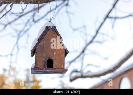 Vogelhaus, das im Winter an einem Baumzweig in der Nähe von Häusern im Hinterhof hängt. Stockfoto
