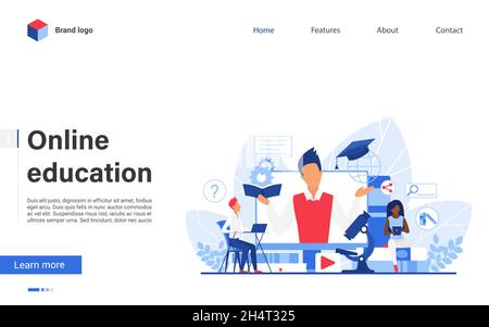 Online-Bildung digitale Technologie Vektor Illustration. Cartoon Moderne Landing Page für Ferntrainingskurs, Schulwebseite mit Menschen, die Schüler zu Hause studieren und Lehrer auf dem Computerbildschirm Stock Vektor