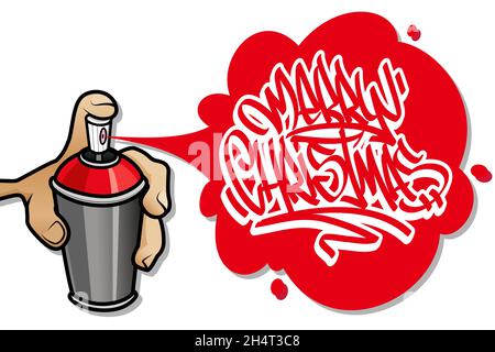 Cartoon Hand hält ein Aerosol Sprühen einer Graffiti-Farbe Frohe Weihnachten Banner. Vektordarstellung auf weißem Hintergrund isoliert. Stock Vektor