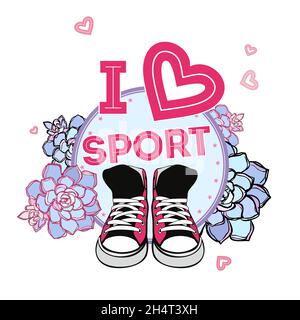 Sneakers Schuhe Paar isoliert. Schriftzug Ich liebe Sport rosa Herz. Handgezeichnete Vektor-Illustration rosa Schuhe und saftige Blumen. Sport Skizze Stiefel Sneakers handgezeichnetes Poster, Postkarte, Modeflyer Stock Vektor