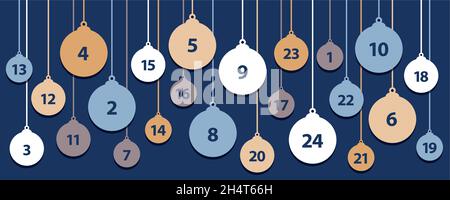 adventskalender 24 weihnachtsbaumkugeln auf blauem Hintergrund Stock Vektor