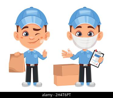 Kurier Zeichentrickfigur, Satz von zwei Posen. Lustiger Liefermann mit Papiertüte und mit Klemmbrett. Vektorgrafik für Aktien Stock Vektor
