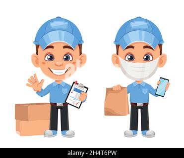 Kurier Zeichentrickfigur, Satz von zwei Posen. Witziger Lieferer. Vektorgrafik auf weißem Hintergrund Stock Vektor