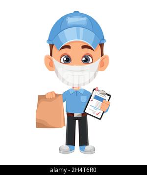 Kurier Zeichentrickfigur in Maske. Lustiger Liefermann mit Papiertüte und Klemmbrett. Vektorgrafik auf weißem Hintergrund Stock Vektor