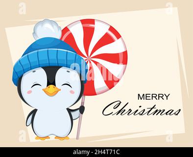 Frohe Weihnachten Grußkarte mit niedlichen kleinen Pinguin Cartoon-Charakter. Lustiger Pinguin in blauem Hut mit großen Süßigkeiten. Frohes neues Jahr. Bestandsvektor il Stock Vektor