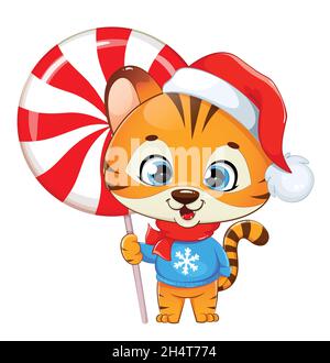 Frohe Weihnachten. Niedlicher kleiner Tiger mit großen Süßigkeiten. Baby Tiger Zeichentrickfigur. Vektorgrafik auf weißem Hintergrund. Stock Vektor