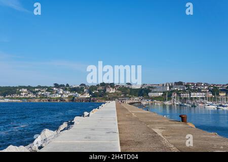 Ein Blick vom Steinsteg-Pier des Brixham Wellenbrechers und der Marina in Brixham in Devon an der englischen Küste. Stockfoto