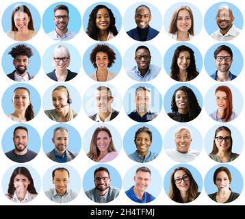 People Headshot Face Collage. Verschiedene Avatare Auf Blauem Hintergrund Stockfoto