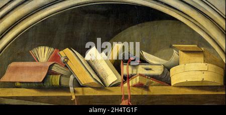 Stillleben mit Büchern in einer Nische, Barthlmy d'Eyck, 1442 - 1445 Stockfoto