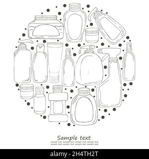 Farbelemente. Set von Bad-Elementen in Hand zeichnen Stil. Sammlung von Paketen, Röhrchen. Antiseptisch, Zahnpasta, Gel, Seife, Creme spülen Stock Vektor