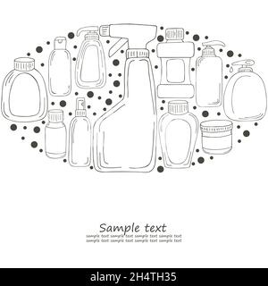 Die Färbung setzte Elemente in Form eines Ovals. Set von Bad-Elementen in Hand zeichnen Stil. Sammlung von Dosen, Verpackungen, Tuben. Antiseptisch, Zahnpast Stock Vektor