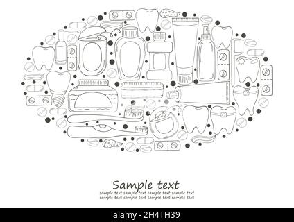 Oval Coloring Design-Elemente, Text. Set von Elementen für die Pflege der Mundhöhle in Hand zeichnen Stil. Zahnreinigung, Zahngesundheit. Zähne, Bürste, Stock Vektor