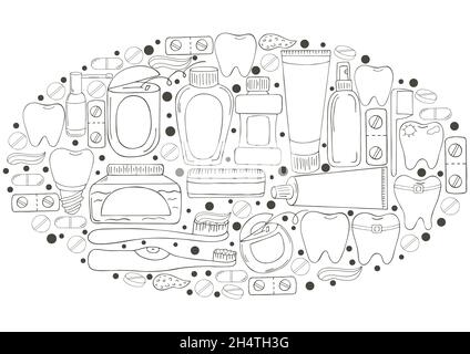 Oval Coloring Design-Elemente. Set von Elementen für die Pflege der Mundhöhle in Hand zeichnen Stil. Zahnreinigung, Zahngesundheit. Zähne, Zahnseide, Bürste, Stock Vektor