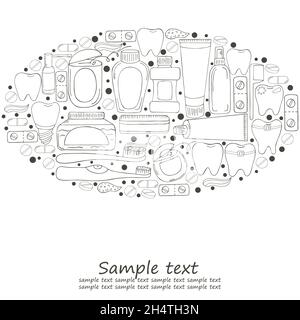 Oval Coloring Design-Elemente, Text. Set von Elementen für die Pflege der Mundhöhle in Hand zeichnen Stil. Zahnreinigung, Zahngesundheit. Zähne, Zahnseide, Stock Vektor