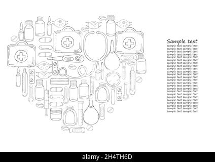 Coloring Heart Sammlung von Vektor-Illustrationen, Text. Satz von Werkzeugen des Arztes im Handzeichnen-Stil. Ambulanz Arzt Werkzeuge, medizinische Fall, Medikamente Stock Vektor