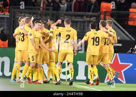 Roma, Italien. November 2021. Ola Solbakken von Bodo feiert das Tor von 0-1 während des Fußballspiels der Konferenzliga-Gruppe C zwischen AS Roma und Bodo Glimt am 5. November 2021 im Olimpico-Stadion in Rom (Italien). Foto Antonietta Baldassarre/Insidefoto Kredit: Insidefoto srl/Alamy Live News Stockfoto