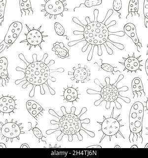 Färbung Nahtloses Muster mit Bakterien und Viren. Vektordesign-Elemente. Set von Cartoon-Mikroben in Hand zeichnen Stil. Coronavirus, Bakterien, Mikroo Stock Vektor