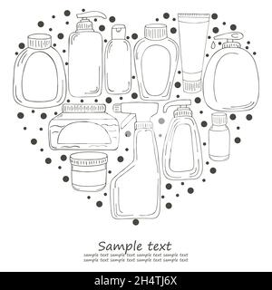 Seite „Herzfarben“. Set von Bad-Elementen in Hand zeichnen Stil. Sammlung von Dosen, Verpackungen, Tuben. Antiseptikum, Zahnpasta, Gel, Seife, Creme Stock Vektor