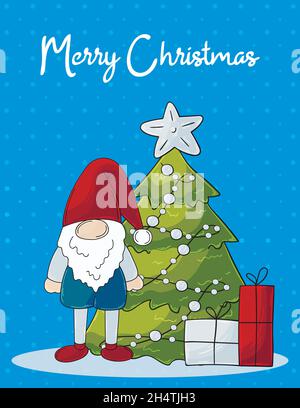 Weihnachtskarte im handgezeichneten Stil. GNOME in Weihnachtsmann Hut, Baum, Geschenke. Niedliche Urlaubskarte Stock Vektor