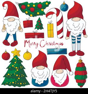 Set mit Neujahrselementen in handgezeichneter Ausführung. Zwerge in Weihnachtsmannmützen, Weihnachtsbaum, Dekorationen, Zuckerrohr. Satz von Vektorgrafiken für Ihren Stock Vektor