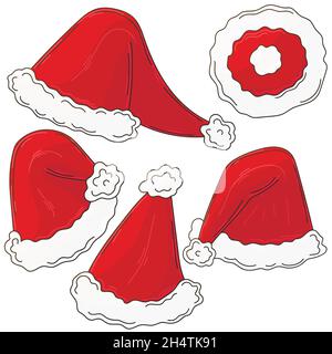 Santa Claus Hut Vektor Bundle. Sammlung von Weihnachtsmann Hüte in handgezeichneten Stil. Satz von Vektorgrafiken für Ihr Design. Schild, Aufkleber Stock Vektor