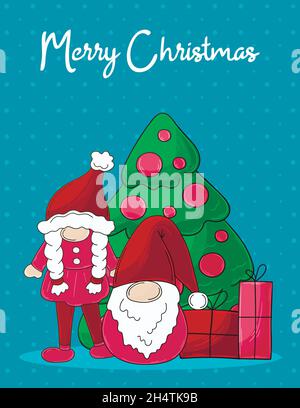Zwei Zwerge in Weihnachtsmannmützen, Weihnachtsbaum, Geschenke. Weihnachtskarte im handgezeichneten Stil. Niedlich Stock Vektor