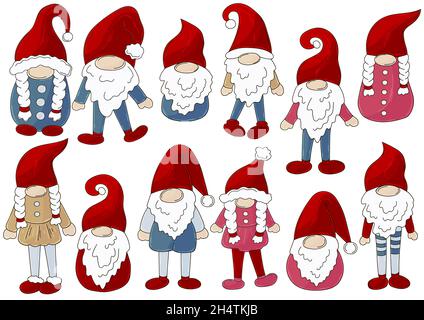 Gnome Vector Bundle. Große Sammlung von Zwergen auf Weihnachtsmann Hüte in handgezeichneten Stil. Satz von Vektorgrafiken für Ihr Design. Schild, Aufkleber, Stift Stock Vektor
