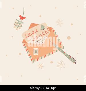 Schriftlicher Brief an den Weihnachtsmann im Umschlag. Vorbereitungsprozess für Weihnachten. Winterurlaub Weihnachten und Neujahr Festliche Post oder Nachricht. Vektor Stock Vektor