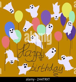Happy Birthday Karte mit lustigen kleinen Geistern und Luftballons Stock Vektor