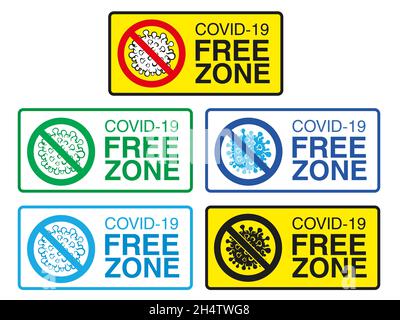 Covid-Freizonen-Schilder einstellen. Coronavirus, covid-19 freier Bereich, Zonenbanner. Freizeichen Disiase, Symbol. Symbol für Stopp des Coronavirus-Ausbruchs. Schild für öffentliche Pl Stock Vektor