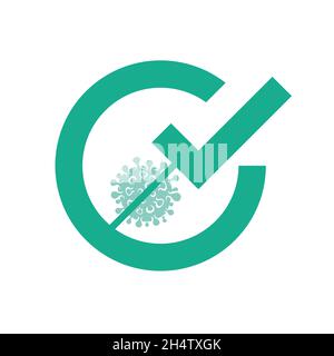 Geimpft COVID-19. Logo für die Ankündigung von Impfinformationen. Grüner Stempel für Impfungen. Abstraktes Symbollogo in Form einer flachen Spritze. Stock Vektor