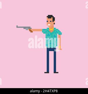 Gangster kriminellen Charakter. Mann zeigt Revolver Pistole trägt hawaiiihemd, 8-Bit-Pixel-Art-Charakter. Mafia, Gangster Schläger Retro-Thema. Stock Vektor