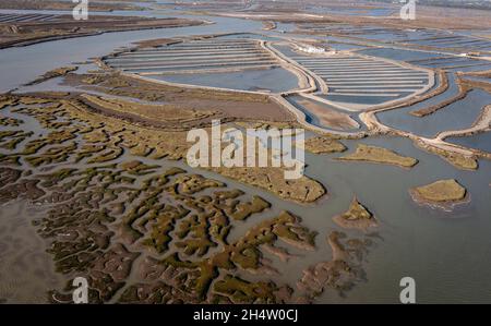 Luftaufnahme auf Sümpfen und Salinen, Naturpark Bahia de Caliz. Costa de la Luz, Provinz Cádiz, Andalusien, Spanien Stockfoto