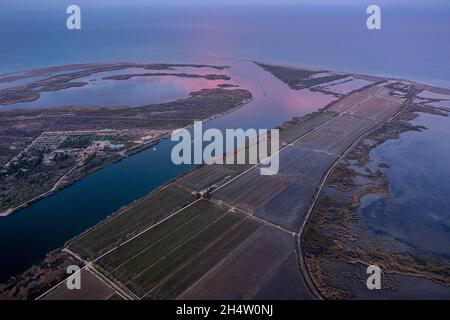 Luftaufnahme, Mündung des Ebro-Flusses, Ebro-Delta, Naturpark, Tarragona, Spanien Stockfoto