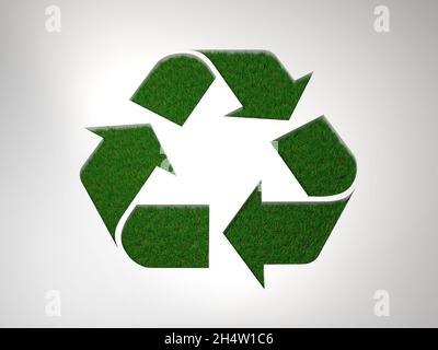 3d-Darstellung des Recycling-Symbols mit 3d-Gras auf weißem Hintergrund Stockfoto