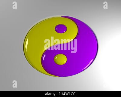 3d-Darstellung des alten Tao-Symbols (Yin und Yang) mit flüssigem Hochglanz-Look in komplementären Farben Stockfoto